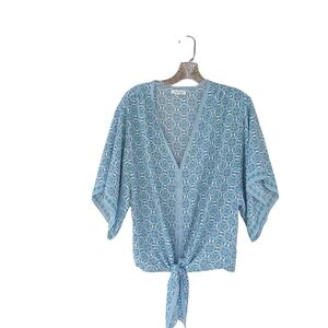 Max Studio Blue & Green Floral Print Tie Front Kimono Blouse Large